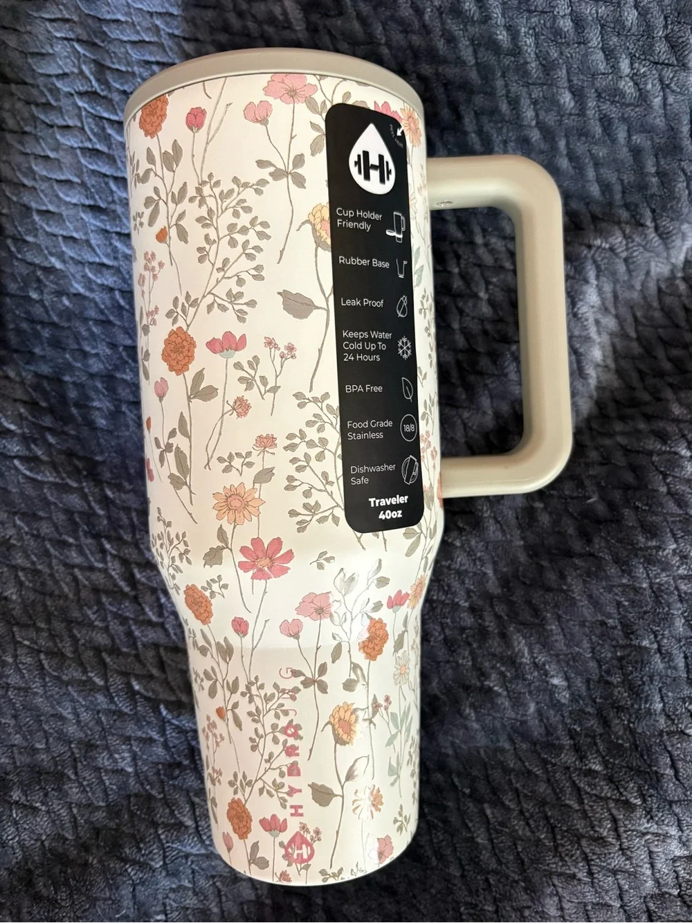 HydroJug White Floral 40oz Travel Tumbler with Beige Handle - Picture 1 of 6